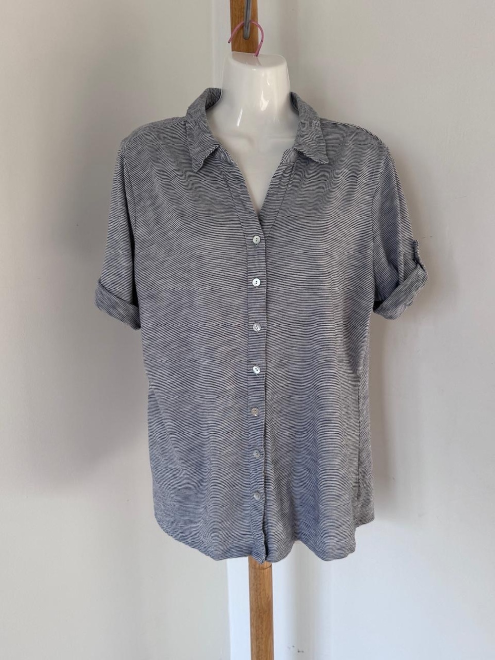 Button-Front Short Sleeve Shirt in White and Black stripes